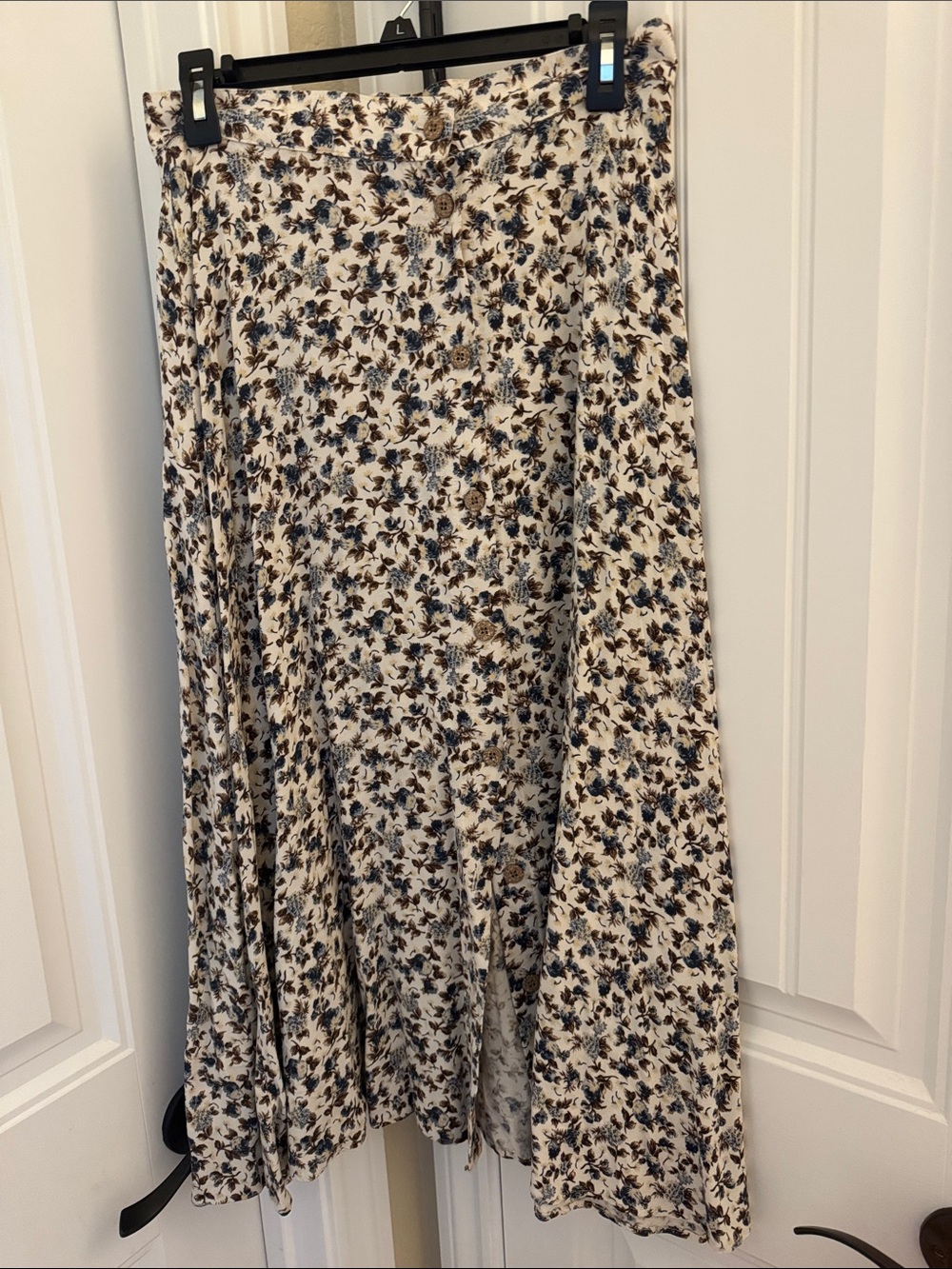 Cream Floral Maxi Skirt with Blue & Brown Accents